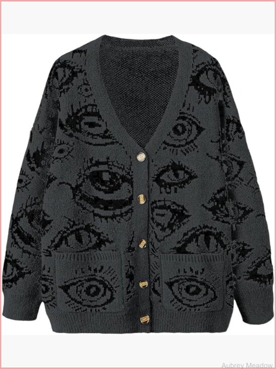 Sweaters - Women's Plus Size Eye Print Cardigan Goth Grunge Sweater Long Sleeve V-Neck